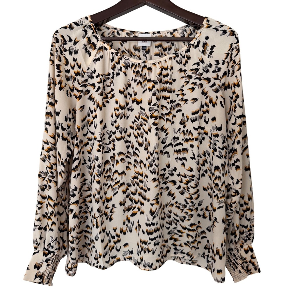 Cabi Womens Large Abstract Leopard Print Blouse Long Sleeve Smocked Cuff 4335